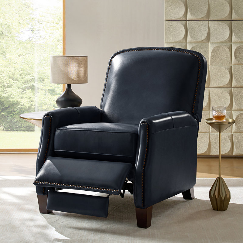 Glen Ellyn 30" Wide Genuine Leather Manual Club Recliner, Navy Genuine Leather