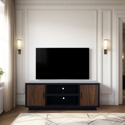 Meuble télé 66 po avec rangement multimédia - Jusqu'à 80 téléviseurs noir et noyer moderne pour 70-79 sans assemblage ni finition
