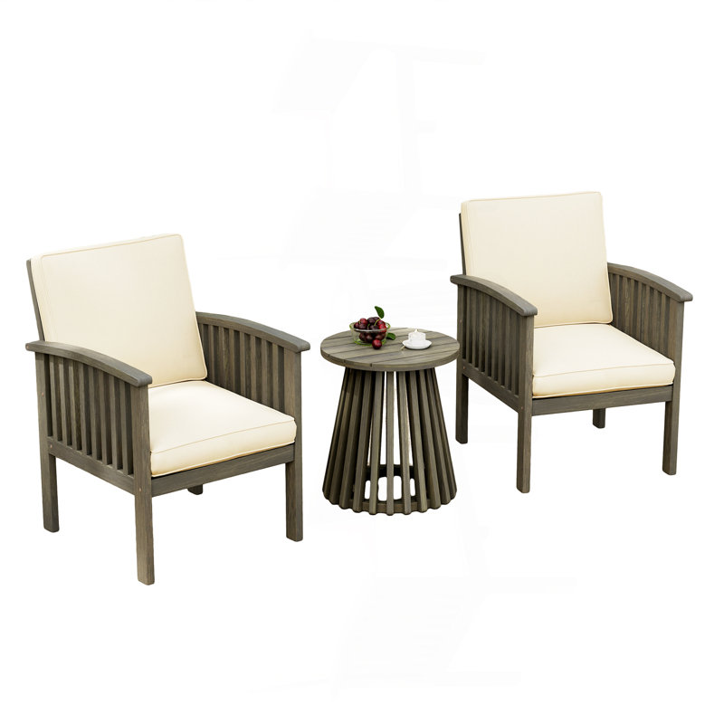 Patio Set Outdoor Acacia Wood Furniture Sets-Modern Club Chair Conversation Sets With Foldable End Table For Garden, Patio & Deck (Grey Finish+Cream)