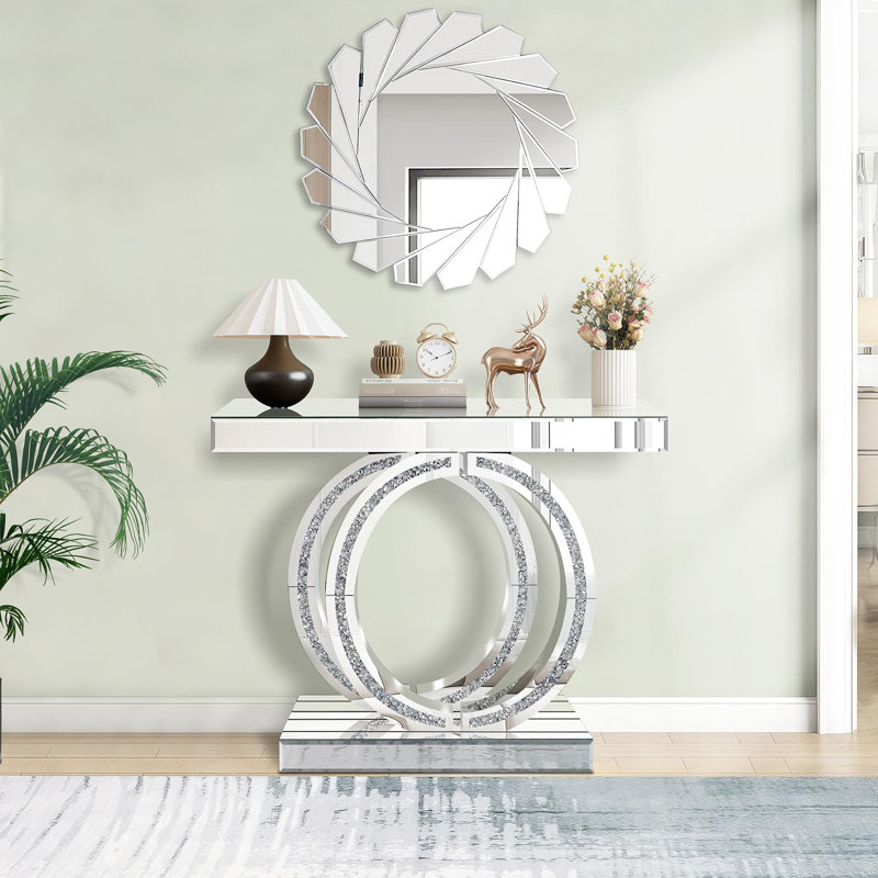 Silver Mirrored Console Table With Crushed Diamond Inlay, 39.4'' Long Entryway Sofa Table, Double O-shaped Base Modern Accent Narrow Table For Living Room, Hallway, Foyer, Entrance
