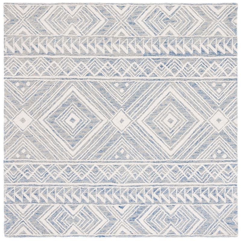 Kyndall Southwestern Handmade Tufted Wool Blue/Ivory Area Rug, Square 6'