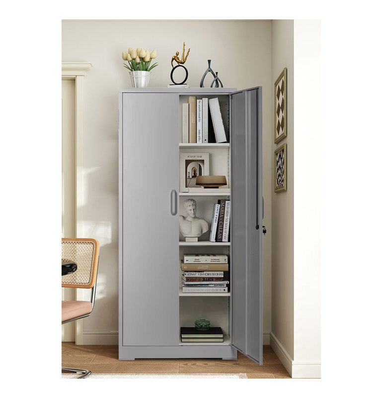 Armoire de rangement robuste en métal de 71 po avec portes verrouillables et 4 tablettes réglables - Armoire en acier gris pour l'organisation de garage, de bureau et d'entrepôt