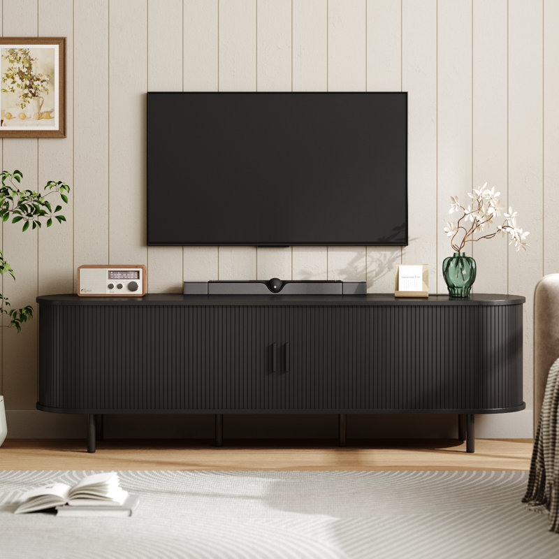 Meuble télé avec rangement et tablettes Jalonda, Noir, H 21,7 po x l 70,8 po x P 15,7 po