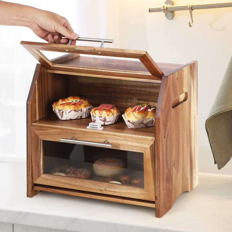 Boîte à pain, corbeille à pain en bois d'acacia à double couche avec panneau de porte en acrylique transparent, bouches d'aération, récipient à pain de comptoir, support à pain brun rustique pour le pain fait maison, bagels