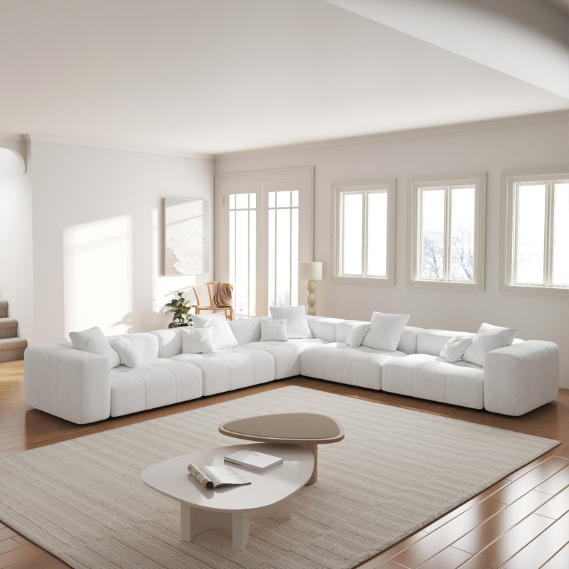 Canapé modulaire Kay Crumley, Mélange de lin blanc, H 24,8 po x l 144,17 po x P 132,30 po, Symétrique