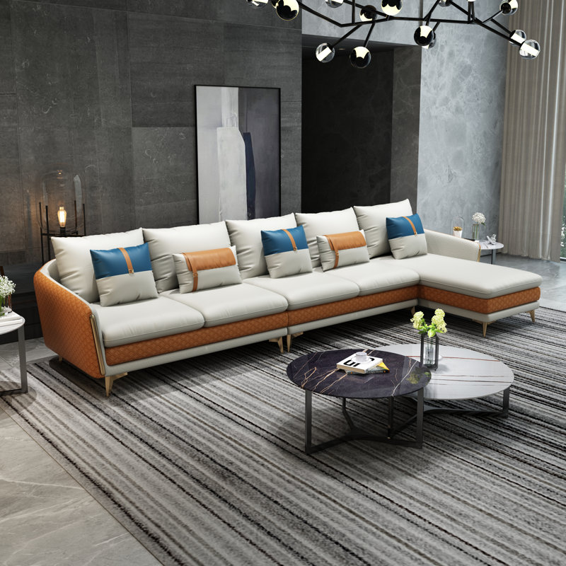 Icaro Sectional, Right Hand Facing, Off White/Orange Genuine Leather