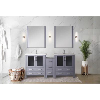 72 po W Double meuble-lavabo gris foncé avec armoire latérale, comptoir en céramique blanche, robinet, tiroirs à fermeture douce, deux armoires de rangement intérieures, comptoir Scratch, baignoire monotrou large,