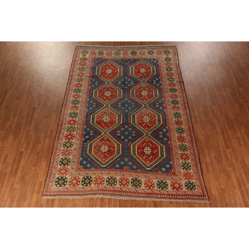 Tapis turc bleu à motif géométrique anatolien 8 x 12