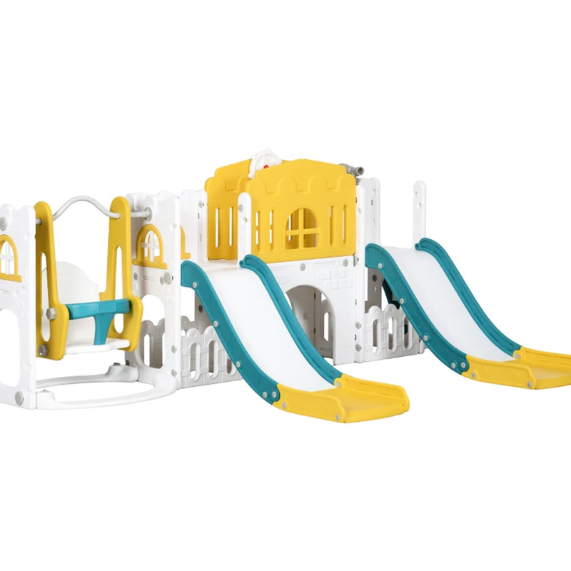 Toboggan et balançoire, 81 avec 2 toboggans, Grimpeur, Balançoire, Allée, Rangement, Télescope, Tunnel, Cerceau, Espace de rangement