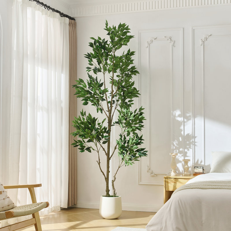 7Ft Artificial Ficus Tree With Lush Realistic Leaves, Tall Maintenance-Free Faux Ficus Tree In White Pot For Living Room, Corner Or Office Decor - 84 in x 9.8 in