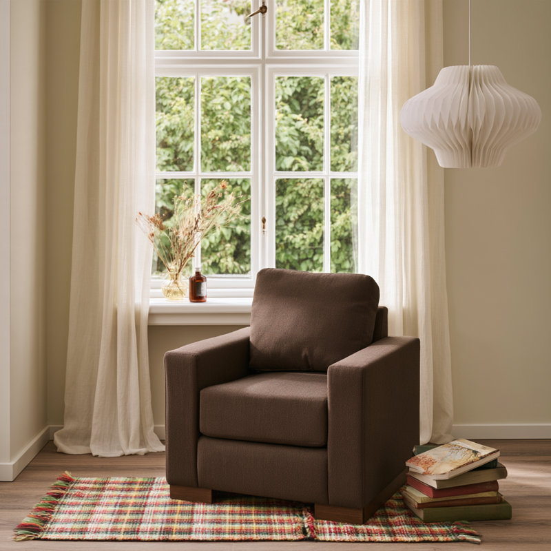 Fauteuil d'appoint moderne en lin avec piétement en hévéa massif, Brun
