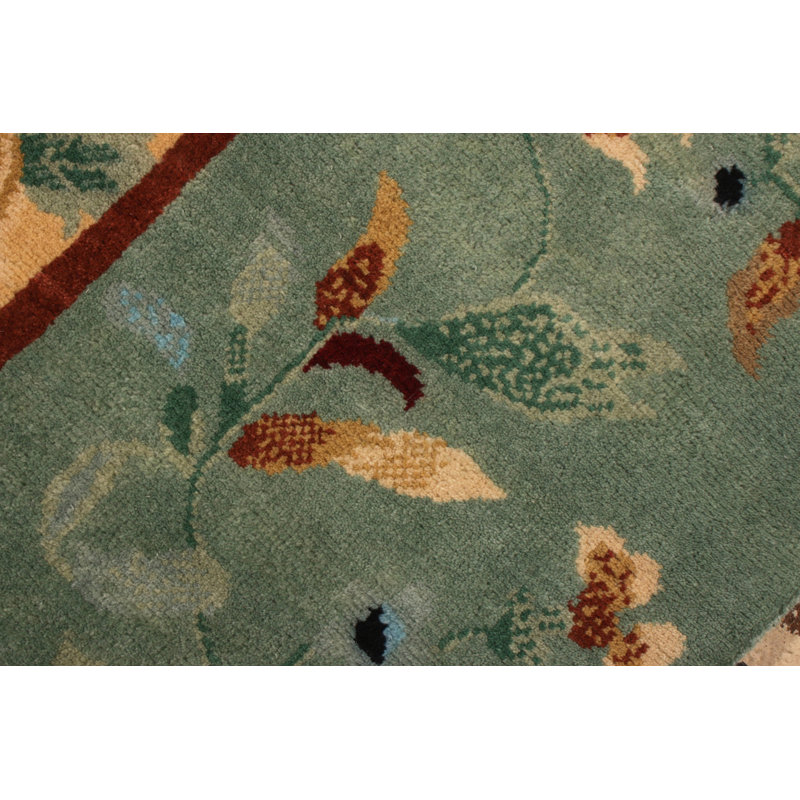 Rug & Kilim’S Chinese Style Art Deco Rug In Green And Beige-Gold Floral Pattern, Rectangle 14' x 20'