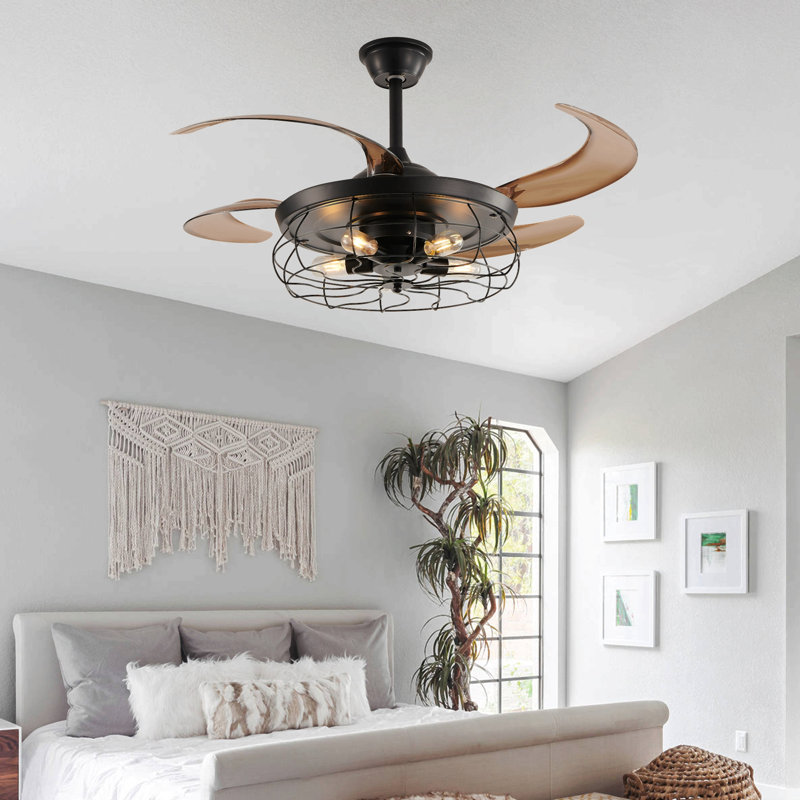 48" Black Remote Control Ceiling Fan Light – Industrial 4-Blade Fan With Cage Design And Adjustable Speed For Living Room, Bedroom, Or Office (Silent/6-Speed/Reversible/Dc Motor)  (Bulb Not Included)