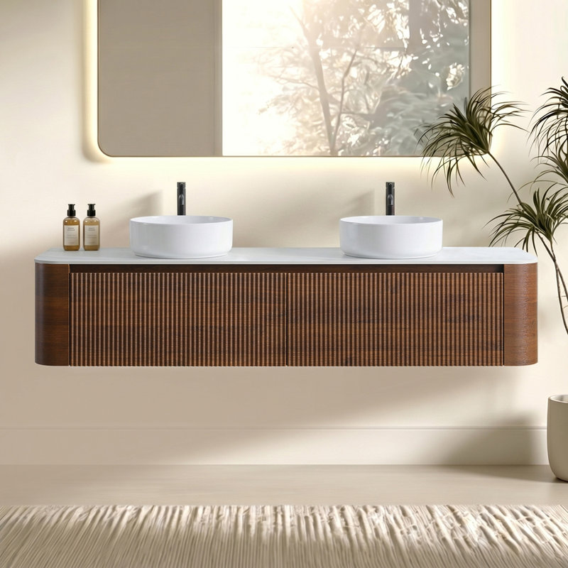 Meuble-lavabo de salle de bain avec lavabo, armoire murale en chêne miel avec porte-serviettes gratuit, conception de deux lavabos en céramique