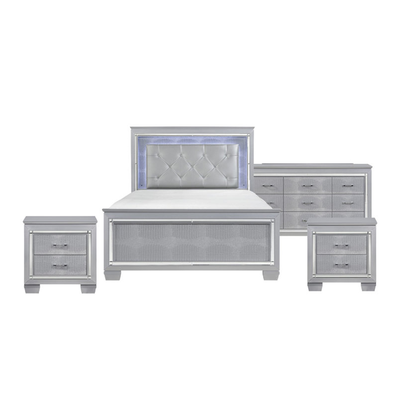 Queen Bedroom Set, Drawer Storage, Gray, 4 Piece Set With 2 Nightstands And Dresser, Gray, 4 Pcs: Bed, 2 Nightstands, Dresser
