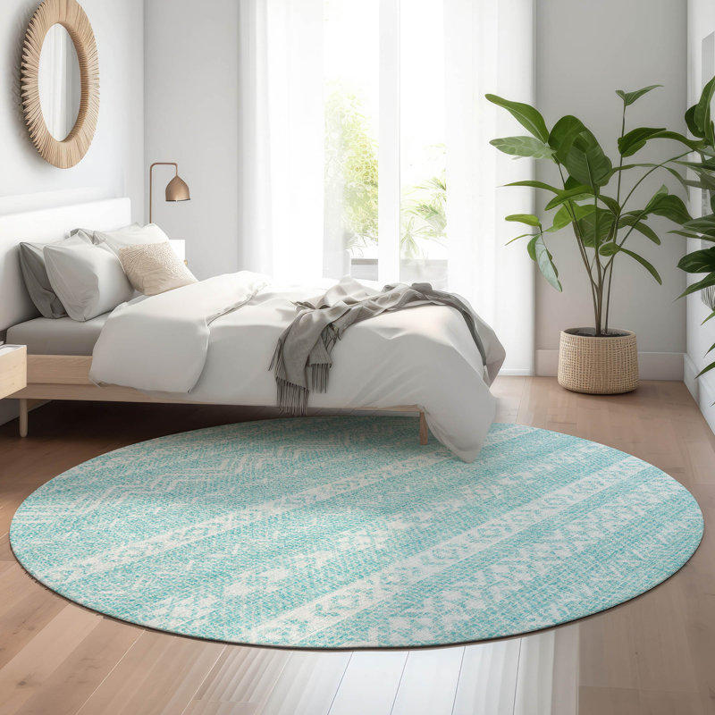 Premium Machine Washable Prisco Teal Rug, Round 8'