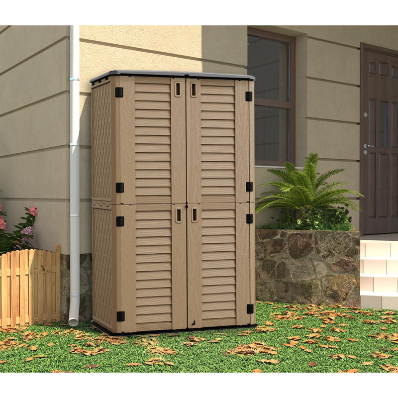 Decksplore 490 Gallons Double-Door Vertical Resin Storage Cabinet with Floor, Brown