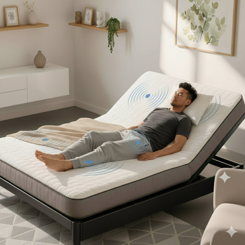 Adjustable Queen-Size Bed Frame With Massage Functions For Head And Foot Incline, Controlled By A Wireless Remote. Includes Type-A And Type-C USB Ports, An LED Night Light, And Four Height-Adjustable Legs. Easy Assembly.
