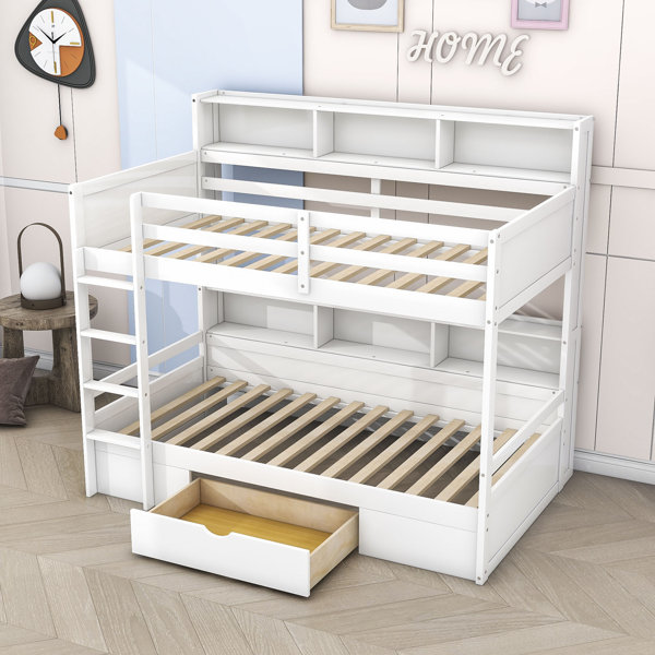 Harriet Bee Halsy Kids Twin over Twin Drawer Wood Bunk Bed with Shelves ...