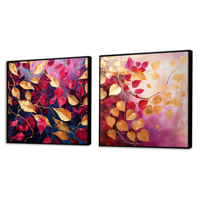 Feuilles d'art dorées et roses - ensemble de 2 feuilles de collage carré, Cadre flottant noir, H 16 po x l 33 po