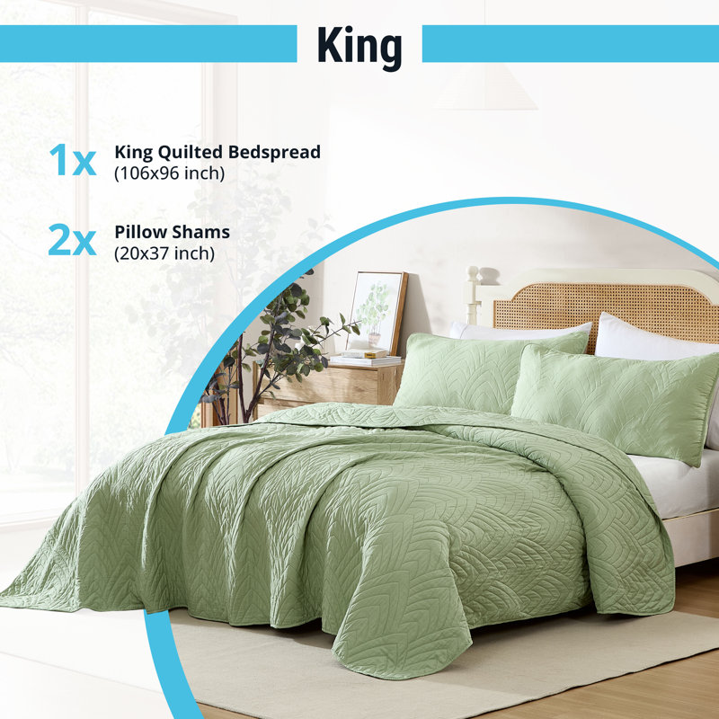 HLC.ME Weston - 3 Piece Quilt Set, Lightweight Bedspread Coverlet Set, King Quilt + 2 King Pillow Shams, Sage Green