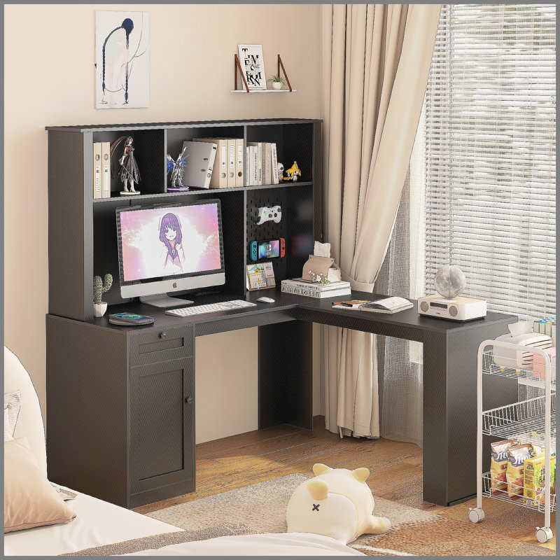 Bureau en L avec chargeur, bureau d'ordinateur avec tiroirs, bibliothèque, bureau d'angle moderne, bureau à domicile, bureau d'écriture en L, bureau d'ordinateur en fibre de carbone avec rangement, noir