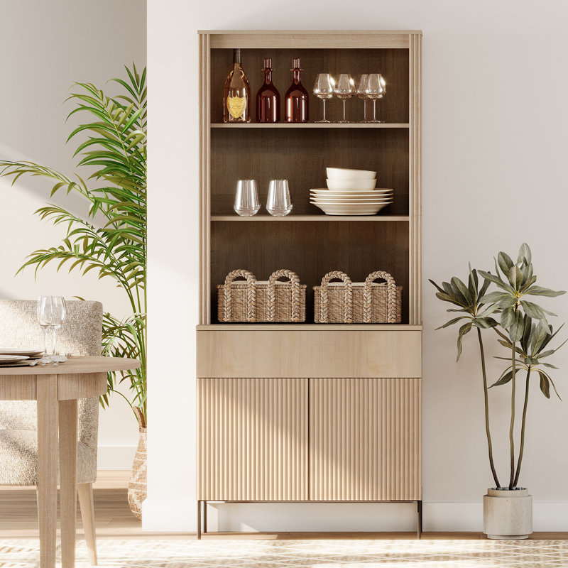 Garde-manger cannelé de 71,6 po de hauteur avec tiroir, armoire de présentation en bois avec portes et tablettes réglables, armoire moderne et polyvalente pour la salle à manger, la chambre à coucher