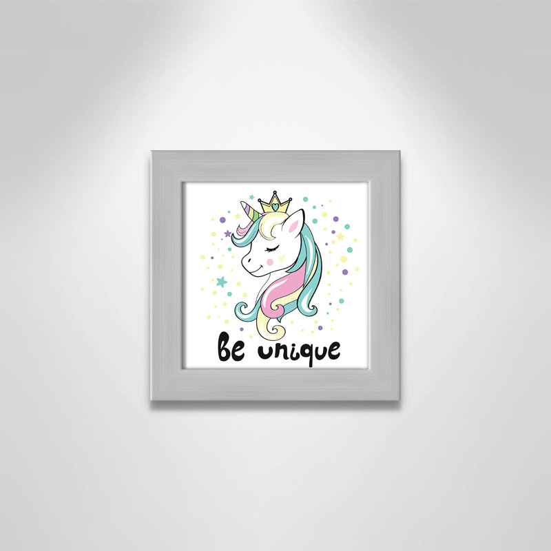 «Be Unique», impression sur papier licorne, H 8 po x l 8 po x P 0,6 po, Encadré plat argent
