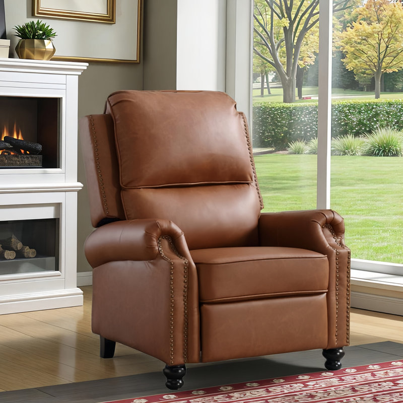 34.3'' Wide Classic And Upholstered Push Back Recliner With Trim, Light Brown Faux Leather