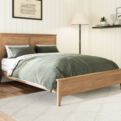 Full Size Solid Wood Bed Frame With Raised Headboard And Excellent Flat - Design, Seadrift Color, Pine Material, No Box Spring, Comfortable Visuals New Upgrade, Core, Strong Middle Support, Visual