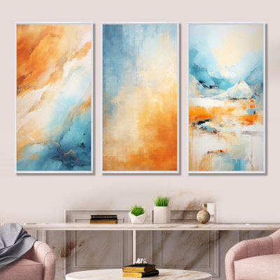 «Blue Mirage Of The Desert I - Tachisme», ensemble de 3 reproductions d'art sur toile