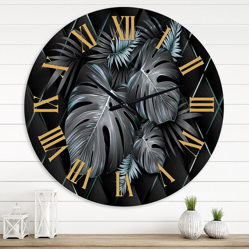 Feuilles tropicales noires et dorées I - Horloge murale moderne, Grand