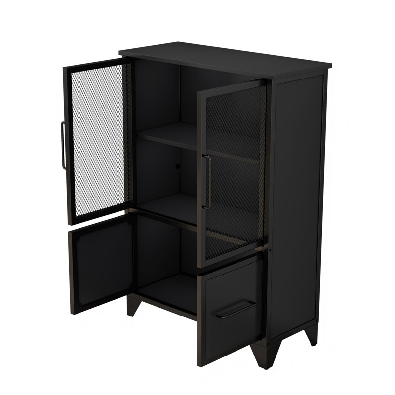 Armoire de rangement avec 4 portes en fer, cadre en métal noir robuste et pieds en métal, Noir