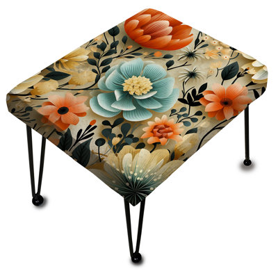Repose-pieds rectangulaire bleu et orange à motif de coquelicots