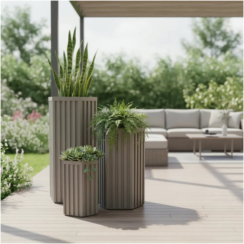 Hexagon Column Planter LG - Grey Brown, 30.25" H x 14.38" W x 16.5" D, Brown Gray