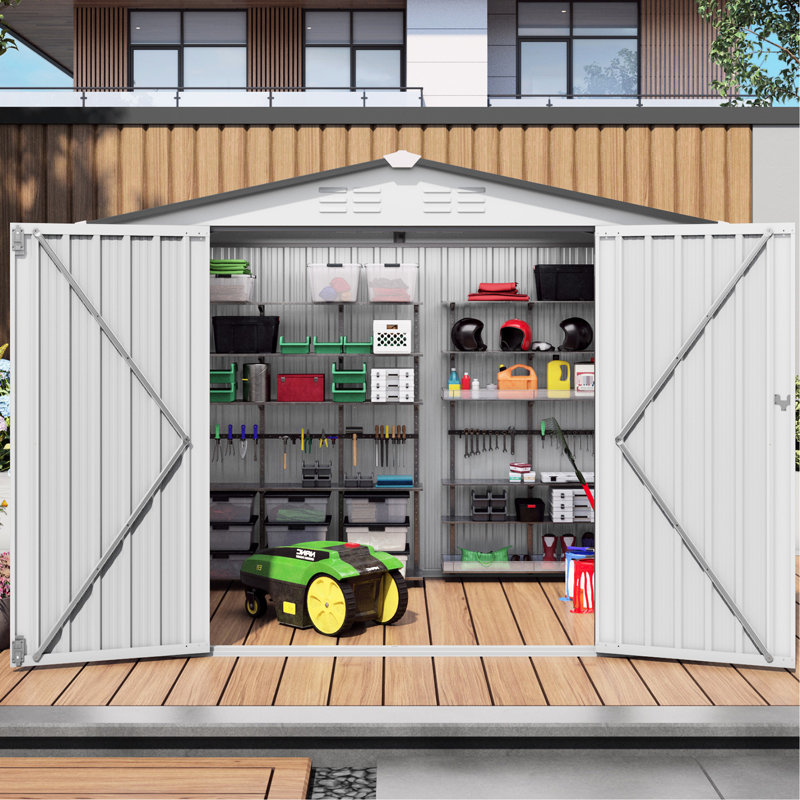 8X6 Ft Metal Tool Shed With Pitched Roof And Lockable Door, Waterproof, - Cracking, Courtyard Applicable For Bike Sundries Storage, Side Window Airflow, High Strength, Quick Installation