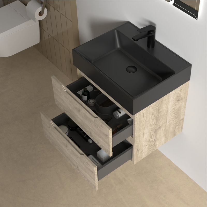 24" Single Bathroom Vanity Wall-mounted Floating vanities with Black Resin Stone Top,2 Drawers Modern for Small Bathroom, 24"