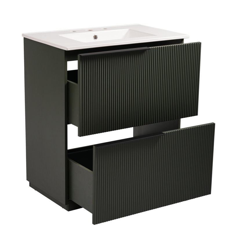 Meuble-lavabo de 30 po équipé d'un lavabo en céramique, de tiroirs pleine extension lisses et d'un design cannelé pour un abat-jour de style confortable, glissières de tiroir à fermeture en douceur, décoration contemporaine