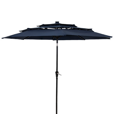 3-Tier 10' Navy Solid Octagon Market Umbrella with Solar Lights and Push-Button Tilt