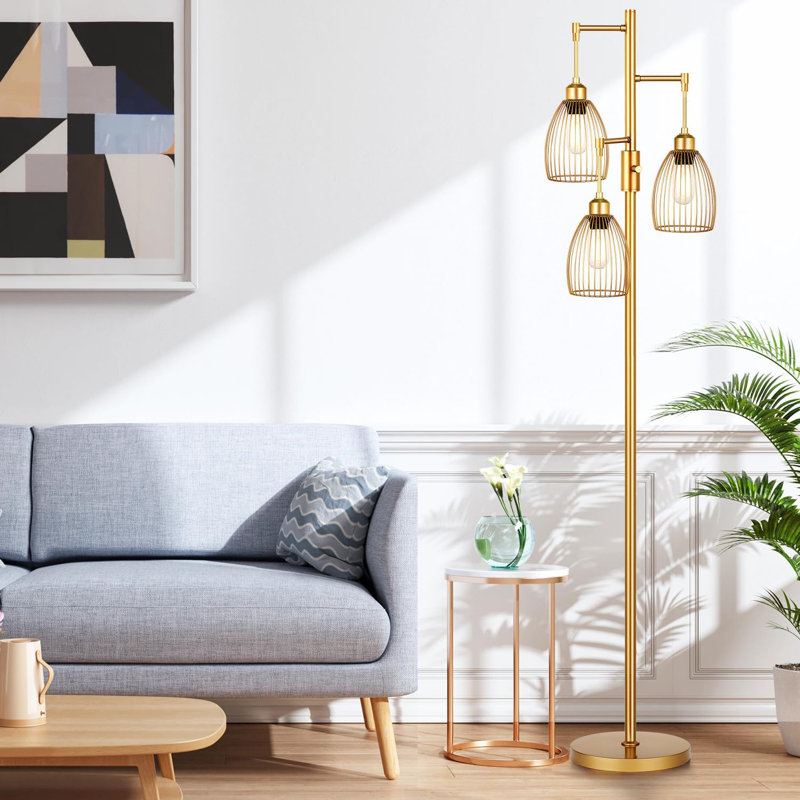 Gold Adjustable 70'' Tall LED Floor Lamp with Cage Shades