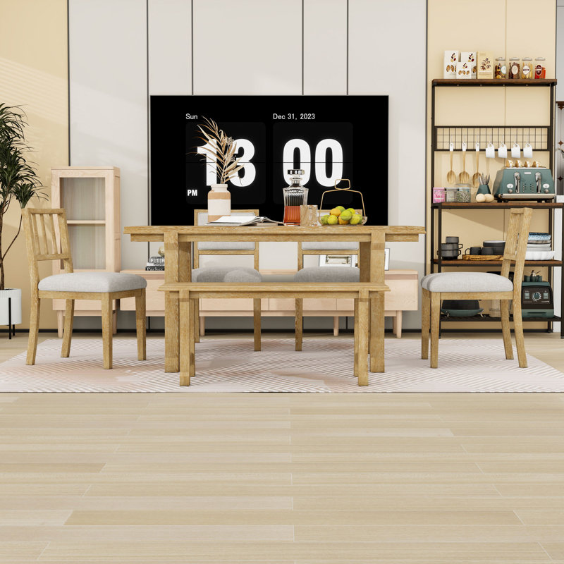 Ensemble de table de salle à manger 6 pièces Farmhouse avec 4 chaises ergonomiques de style mixte et banc compact, Naturel