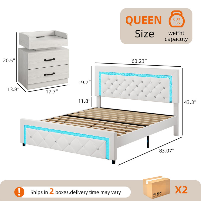 Structure de lit plateforme tapissier avec lumières DEL et ensemble de chambre à coucher avec tables de chevet à DEL assorties