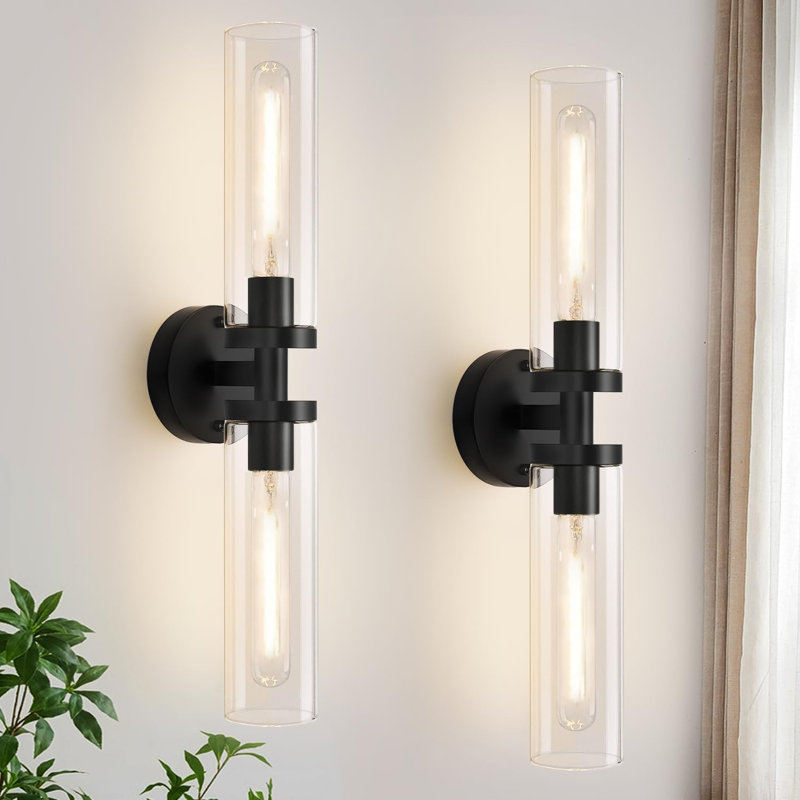 Modern Hardwired Wall Sconces Set Of Two With Glass Shade, E26 Socket, Ideal For Bathroom Mirror, Hallway, And Living Room Lighting