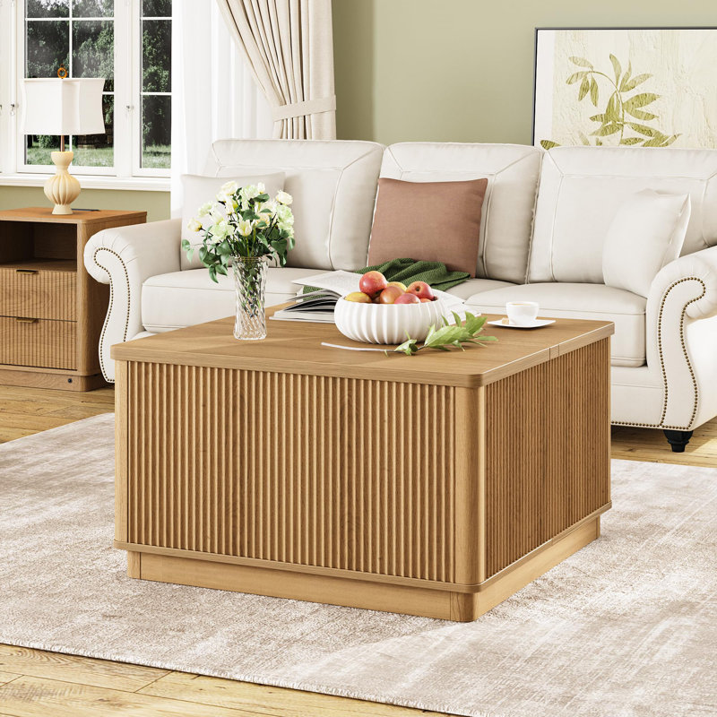 Modern Lift Top Coffee Table With Storage, Square Coffee Tables With LED Lighting And Power Outlet, Wooden Square Center Table For Living Room Home Office