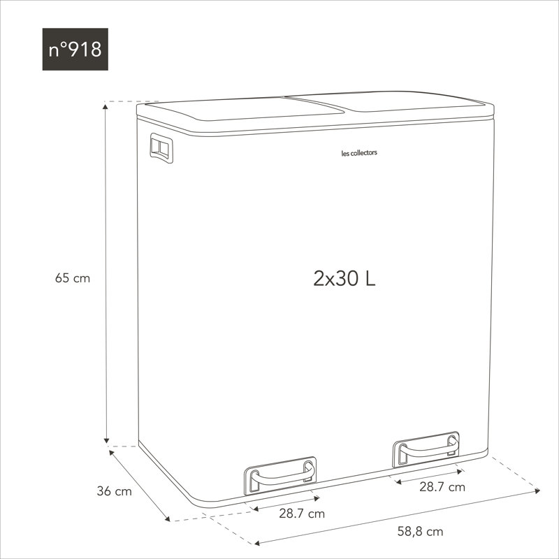 pedal bin N ° 918 capacity 60 L, 2 compartments 30 L, removable bins, recycling, separate waste collection, low -noise closure, white