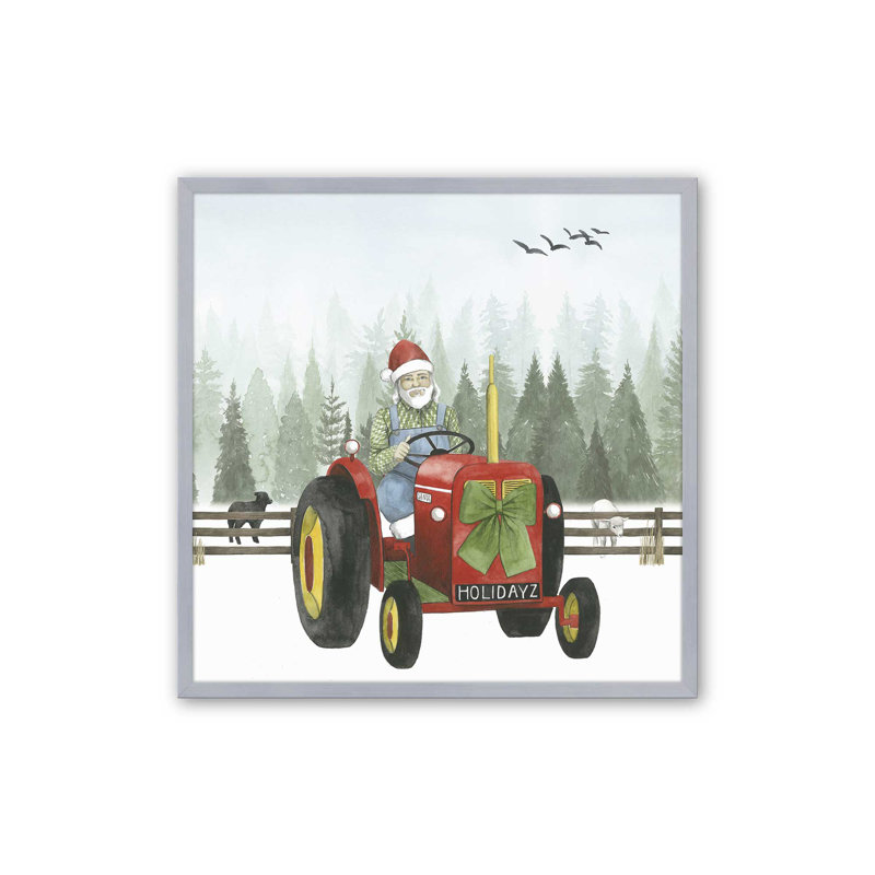 «Santa's Christmas Tractor Ride I Print», Cadre simple en chrome poli, bois massif, H 21,75 po x l 21,75 po