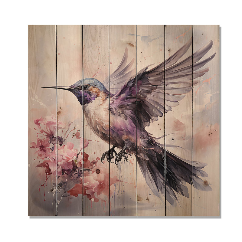 Colibri gris flottant - Illustration d'un colibri sur bois, H 25 po x l 25 po