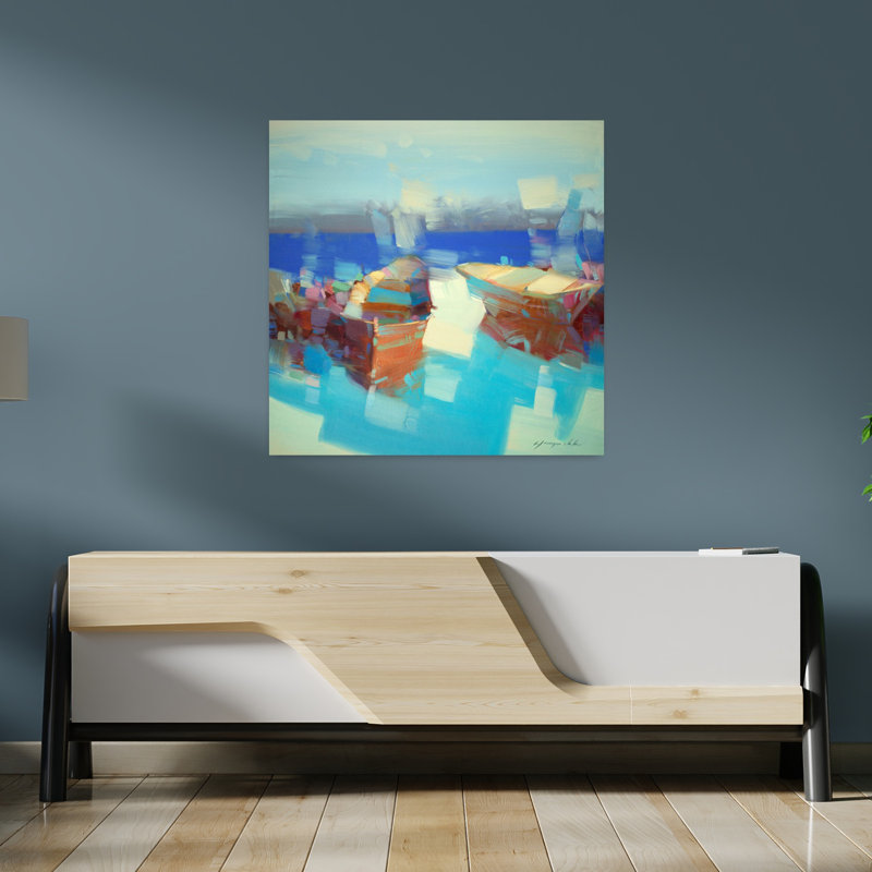 Bateau à rames II, art abstrait de paysage côtier, H 36 po x l 36 po