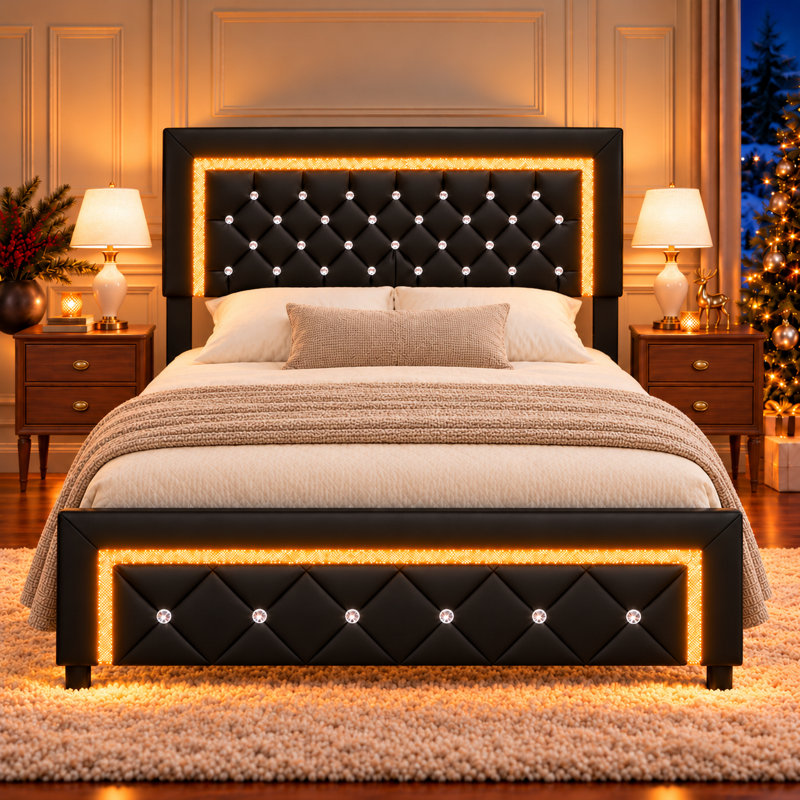 Alber Upholstered Platform Bed Frame with LED Lights,with Diamond Tufted , Full, Black
