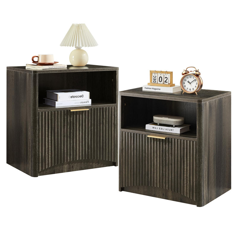 Mid Century Modern Nightstand With Drawers, Wood Fluted Bedside Table With Storage（Set of 2）, Set of 2, Gray